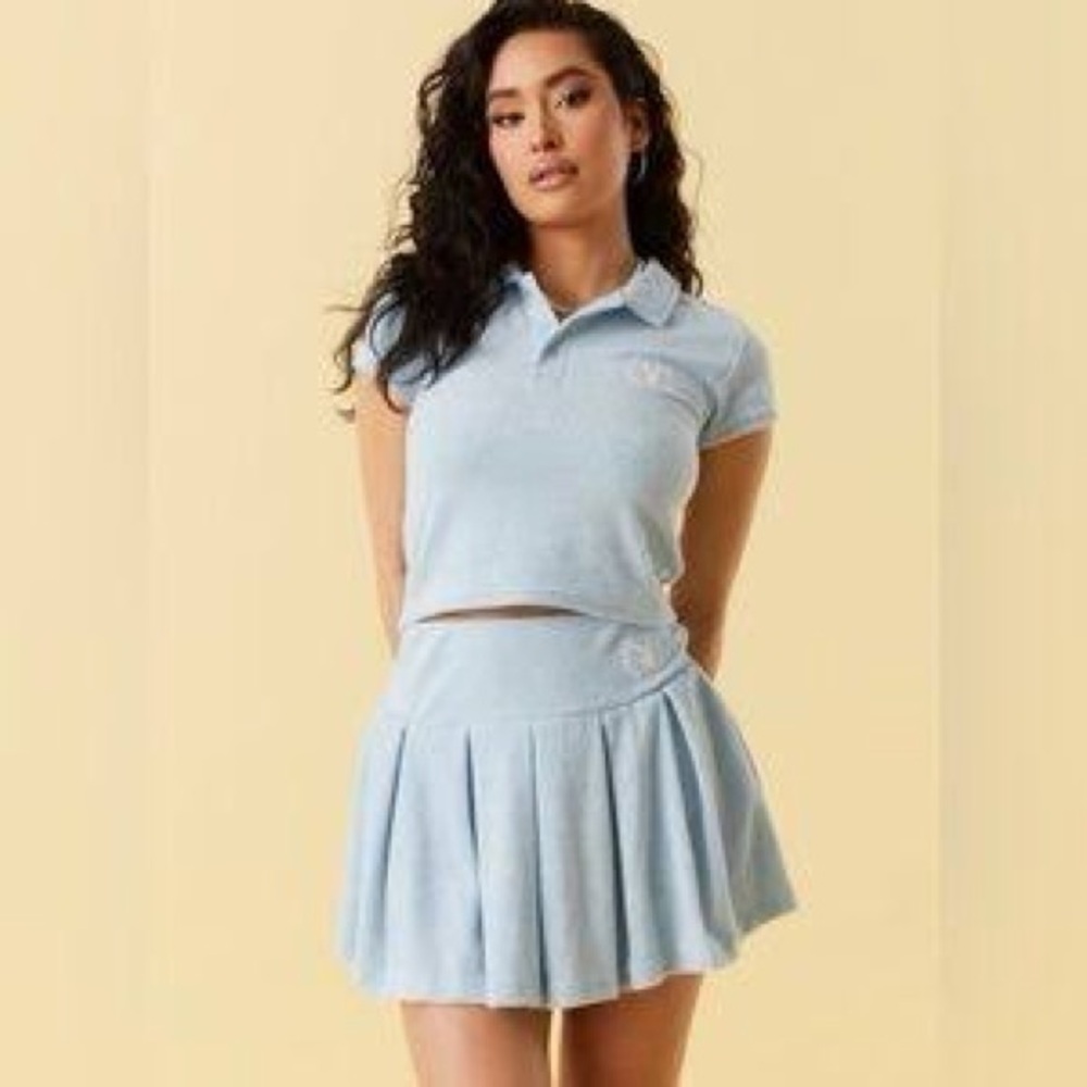 Playboy Baby Blue Terry Cloth Polo & Pleated Skirt Set Y2K Preppy Size M